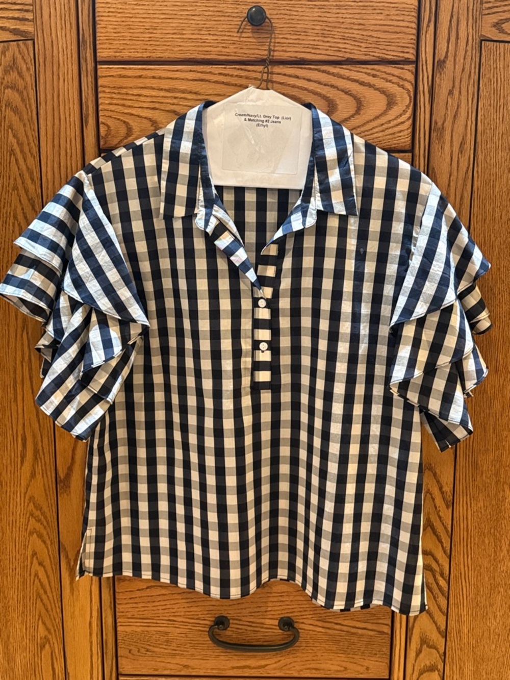 Checkered Ruffle Sleeve  Top - Navy & White